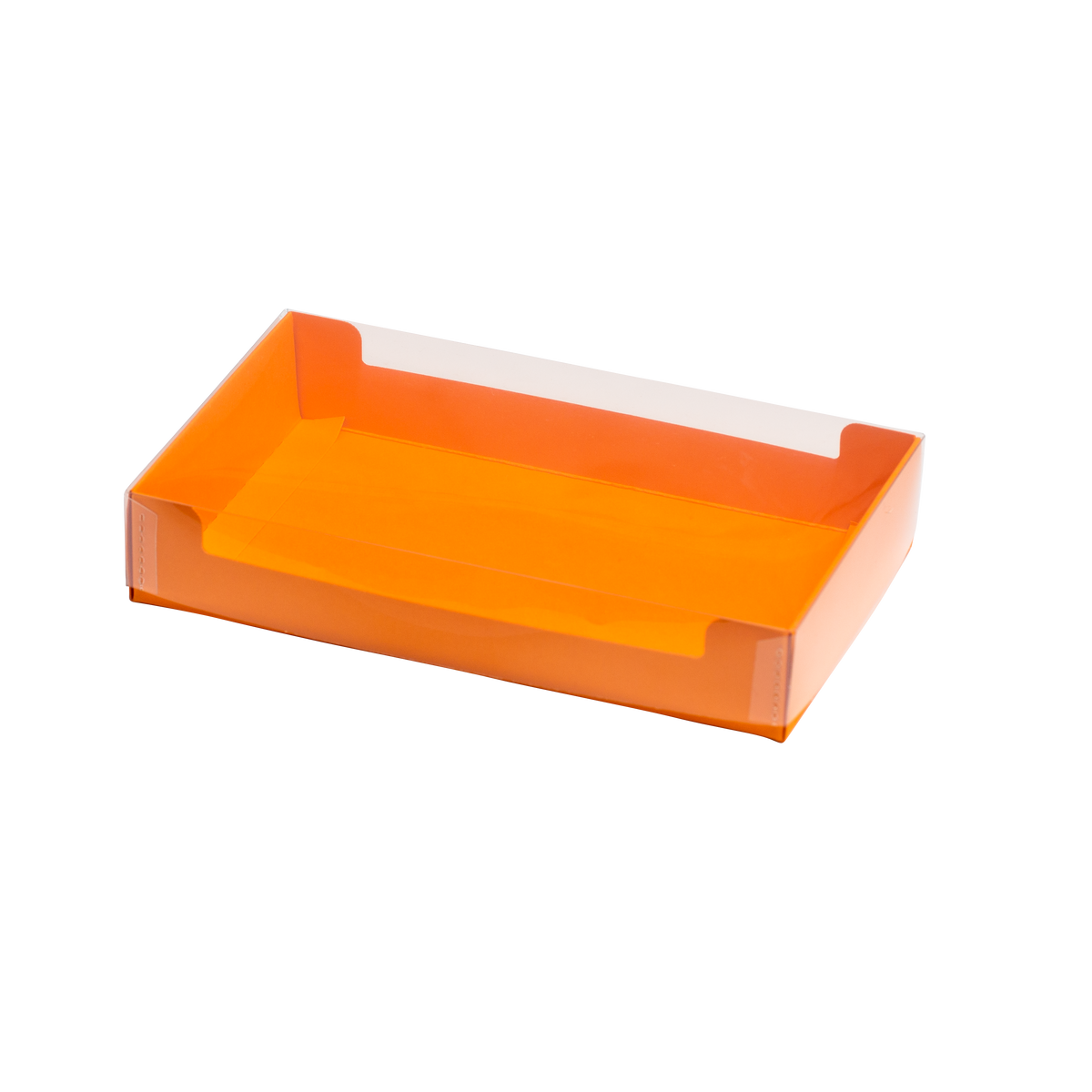 Stulpschachtel mit orangem Kartonboden und transparentem Deckel