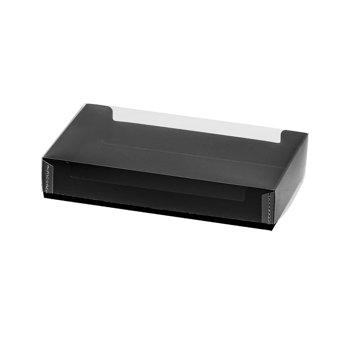 Boîte à couvercle coiffant avec fond en carton noir et couvercle transparent