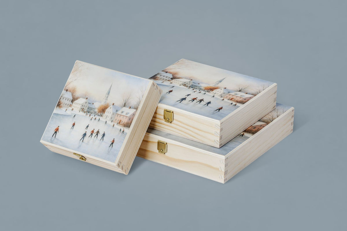 Schachteln aus Holz mit Wintermotiv