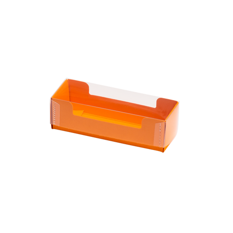 Boîte manchette avec un fond en carton orange et un couvercle transparent